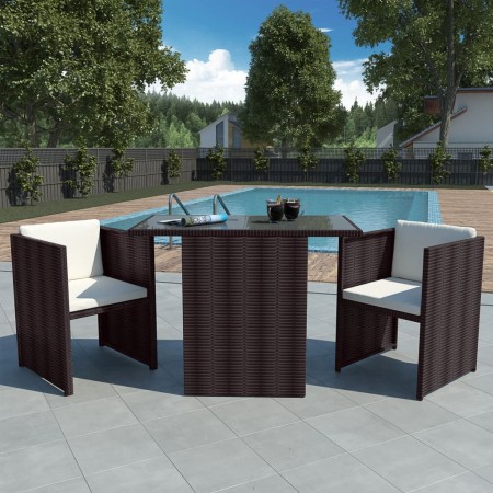 Mesa y sillas bistró jardín 3 pzas y cojines poli ratán marrón von , Gartensets - Ref: Foro24-42485, Preis: 229,63 €, Rabatt: %