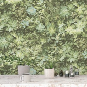 Evergreen Papel pintado Succulent verde y beige