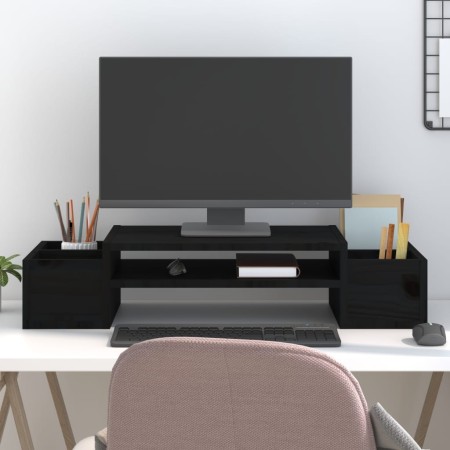 Solid black pine wood monitor stand 70x27.5x15 cm by , Computer bases and risers - Ref: Foro24-813968, Price: 36,75 €, Discou...