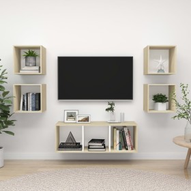 Muebles de salón 5 pzas madera ingeniería blanco y roble Sonoma de , Muebles TV - Ref: Foro24-3079615, Precio: 144,53 €, Desc...