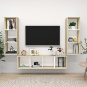 Muebles de salón 3 pzas madera ingeniería blanco y roble Sonoma de , Muebles TV - Ref: Foro24-3079750, Precio: 163,89 €, Desc...