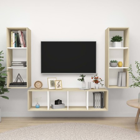 Muebles de salón 3 pzas madera ingeniería blanco y roble Sonoma de , Muebles TV - Ref: Foro24-3079750, Precio: 163,89 €, Desc...
