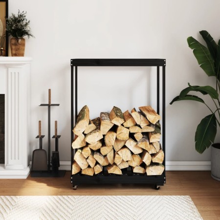 Holzregal mit Rädern aus massiver schwarzer Kiefer 76,5x40x108 cm von , Brennholztaschen und -halter - Ref: Foro24-833334, Pr...