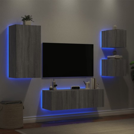 Wand-TV-Möbel mit LED-Lichtern, 4-teilig, in Sonoma-Grau. von , TV-Möbel - Ref: Foro24-3216886, Preis: 173,02 €, Rabatt: %