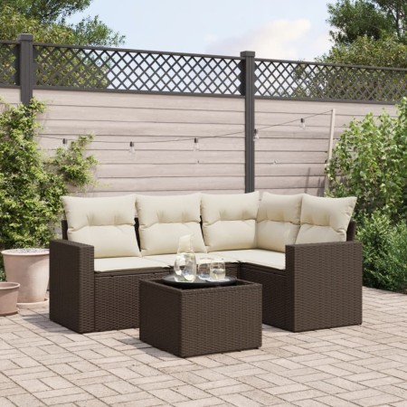 Garten-Essgruppe, 5-teilig, mit braunen Kunststoff-Rattan-Kissen. von , Modulare Sofas für den Außenbereich - Ref: Foro24-325...