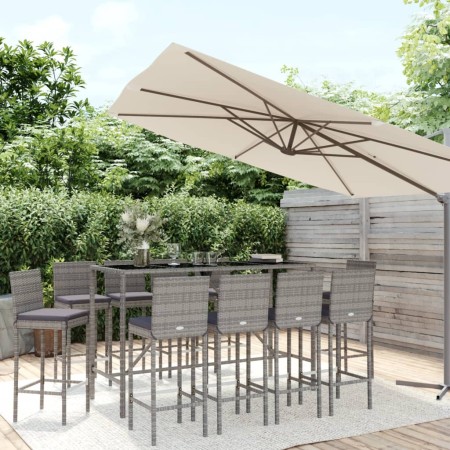 Mesa y taburetes altos jardín 11 piezas y cojines ratán PE gris by , Garden sets - Ref: Foro24-3187650, Price: 682,59 €, Disc...