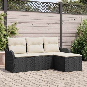 Conjunto de sofá de jardín con cojín 4 pcs Negro Poliratán