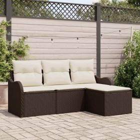 Conjunto de sofá de jardín con cojín 4 pcs Marrón Poliratán