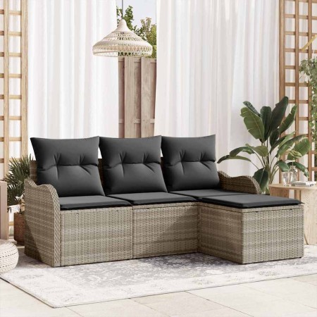 Conjunto de sofá de jardín con cojín 4 pcs Gris claro Poliratán