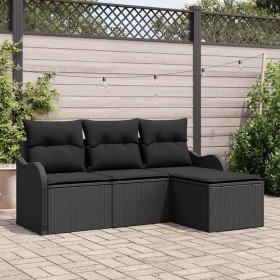 Conjunto de sofá de jardín con cojín 4 pcs Negro Poliratán