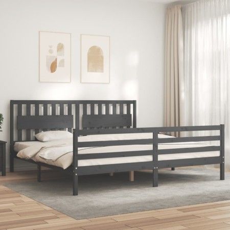 Gray solid wood bed frame with headboard 200x200 cm by vidaXL, Beds and slatted bases - Ref: Foro24-3194333, Price: 187,66 €,...
