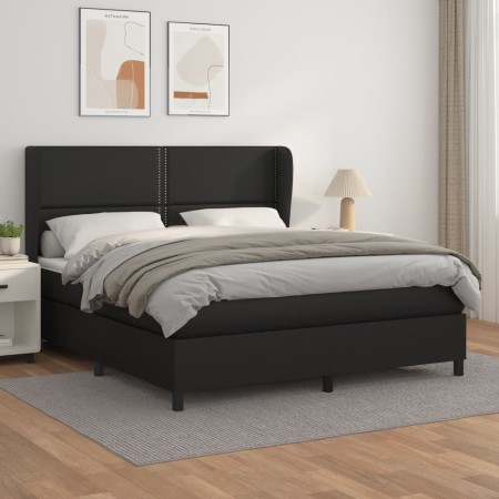 Cama box spring con colchón cuero sintético negro 160x200 cm