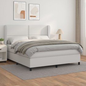 Cama box spring con colchón cuero sintético blanco 160x200 cm Cama box spring con colchón cuero sintético blanco 160x200 cm
