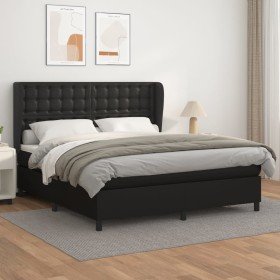 Cama box spring con colchón cuero sintético negro 180x200 cm Cama box spring con colchón cuero sintético negro 180x200 cm