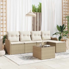 Conjunto de sofá de jardín con cojín 6 pcs Beige Poliratán