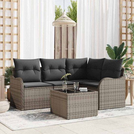 Conjunto de sofá de jardín con cojín 5 pcs Gris Poliratán