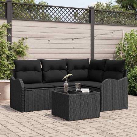 Conjunto de sofá de jardín con cojín 5 pcs Negro Poliratán