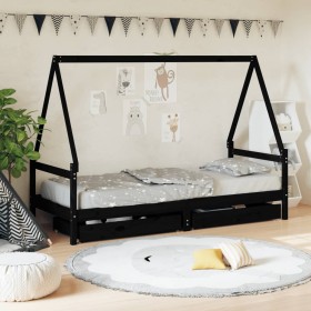 Estructura cama infantil y cajones madera pino negro 90x190 cm by , Cribs and beds for children - Ref: Foro24-834479, Price: ...