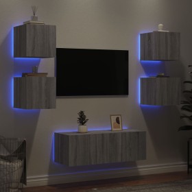 Muebles TV pared con LED 6 pzas madera ingeniería gris Sonoma de , Muebles TV - Ref: Foro24-3216816, Precio: 179,14 €, Descue...