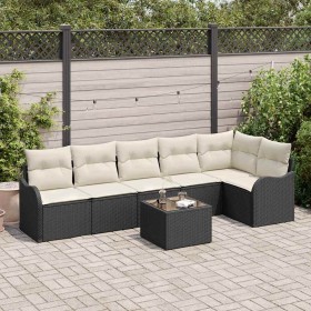 Conjunto de sofá de jardín con cojín 7 pcs Negro Poliratán