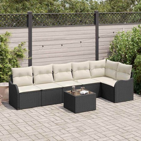 Conjunto de sofá de jardín con cojín 7 pcs Negro Poliratán