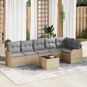 Conjunto de sofá de jardín con cojín 7 pcs Beige Poliratán