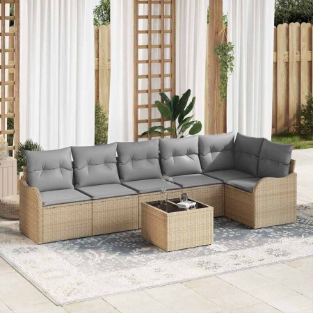 Conjunto de sofá de jardín con cojín 7 pcs Beige Poliratán
