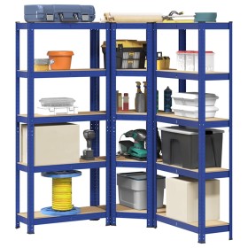 Juego de 3 estantes de 5 niveles acero azul y madera industrial de , Estanterías industriales - Ref: Foro24-3307620, Precio: ...