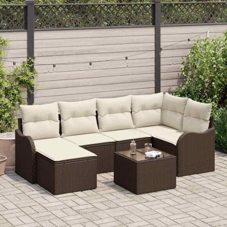 Conjunto de sofá de jardín con cojín 7 pcs Marrón Poliratán