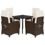Set comedor de jardín 5 piezas y cojines ratán sintético marrón