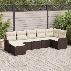 Conjunto de sofá de jardín con cojín 7 pcs Marrón Poliratán