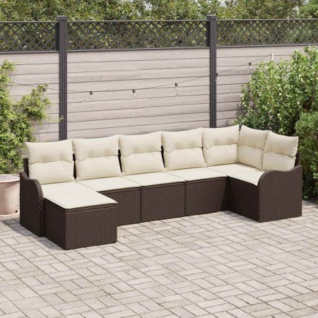 Conjunto de sofá de jardín con cojín 7 pcs Marrón Poliratán