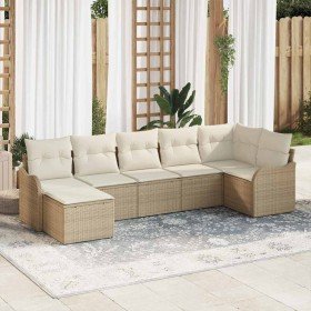 Conjunto de sofá de jardín con cojín 7 pcs Beige Poliratán Conjunto de sofá de jardín con cojín 7 pcs Beige Poliratán