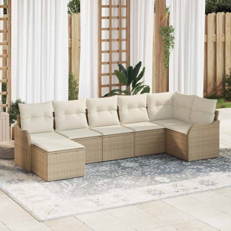 Conjunto de sofá de jardín con cojín 7 pcs Beige Poliratán