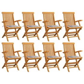 Sillas de jardín 8 uds madera teca con cojines a cuadros grises de , Sillas de jardín - Ref: Foro24-3072903, Precio: 654,20 €...