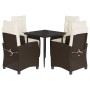 Set comedor de jardín 5 piezas y cojines ratán sintético marrón
