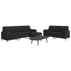 Juego de sofá 3 piezas con reposapiés y cojines tela negro by , Sofas - Ref: Foro24-3278347, Price: 583,16 €, Discount: %