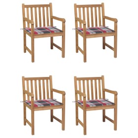 Sillas de jardín 4 uds madera maciza teca cojines cuadros rojos de , Sillas de jardín - Ref: Foro24-3073017, Precio: 583,86 €...