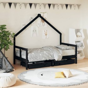 Estructura cama infantil y cajones madera pino negro 80x160 cm by , Cribs and beds for children - Ref: Foro24-834545, Price: ...