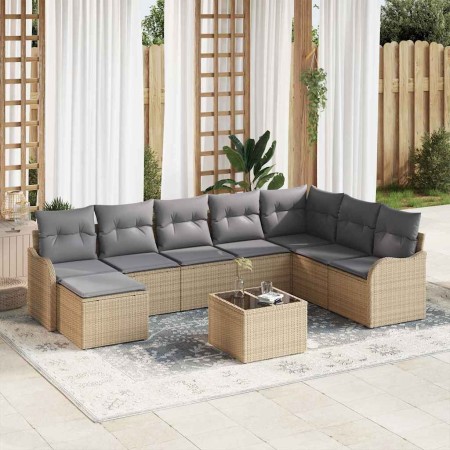 Conjunto de sofá de jardín con cojín 9 pcs Beige Poliratán