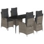 Set comedor de jardín 5 piezas con cojines ratán sintético gris