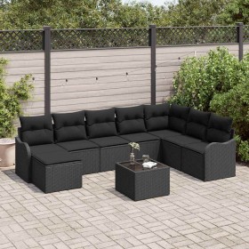Conjunto de sofá de jardín con cojín 9 pcs Negro Poliratán