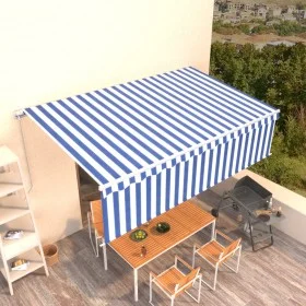 Manual retractable awning with blue and white blinds 5x3 m by vidaXL, Awnings - Ref: Foro24-3069336, Price: 436,48 €, Discoun...
