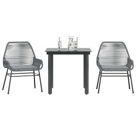 Juego comedor jardín 3 pzas cojines ratán sintético vidrio gris