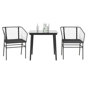 Set comedor jardín 3 pzas cojines ratán sintético vidrio negro