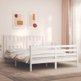 White solid wood bed frame with headboard 160x200 cm by vidaXL, Beds and slatted bases - Ref: Foro24-3194582, Price: 149,57 €...