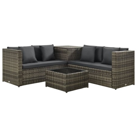 Set de sofás de jardín 4 piezas y cojines ratán sintético gris