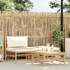 Set de muebles de jardín 3 piezas bambú y cojines blanco crema