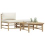 Set de muebles de jardín 3 piezas bambú y cojines blanco crema
