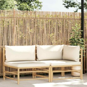 Set de muebles de jardín 2 piezas bambú y cojines blanco crema